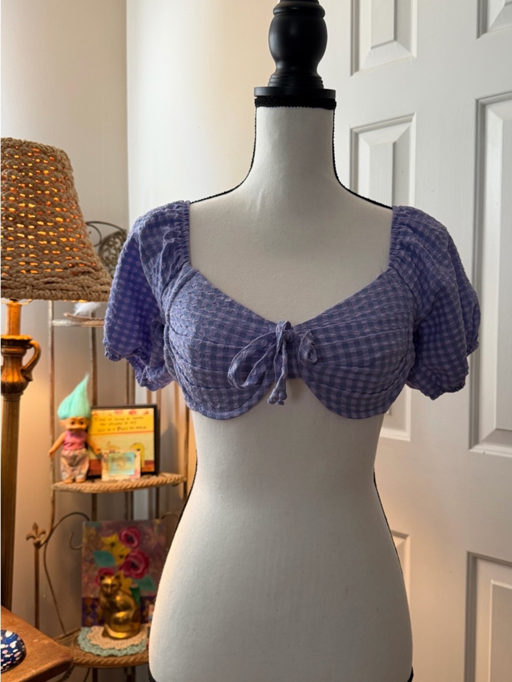wild fable Lavender Gingham Tie-Front Puff Sleeve Crop Top xs